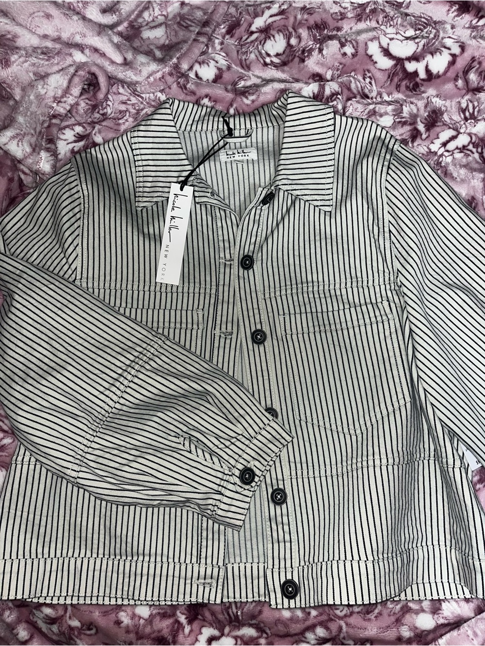Nicole Miller Black & White Striped Button-Down Shirt Jacket